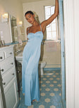 front view of model wearing Princess Polly Navagio Maxi Dress Blue Sweetheart Neckline 