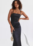 Maxi dress Silky material Adjustable shoulder straps Square neckline Invisible zip fastening at side Frill detail at back