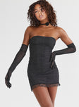Strapless mesh mini dress, slim fitting, ruched thoughout Detached matching gloves, frill hem