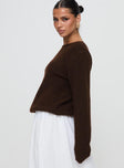 side view of model wearing Princess Polly Abrams Rib Knit Crew Sweater Chocolate Marle Long 