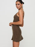 side view of model wearing Princess Polly Laurette Mini Dress Brown V-Neck 