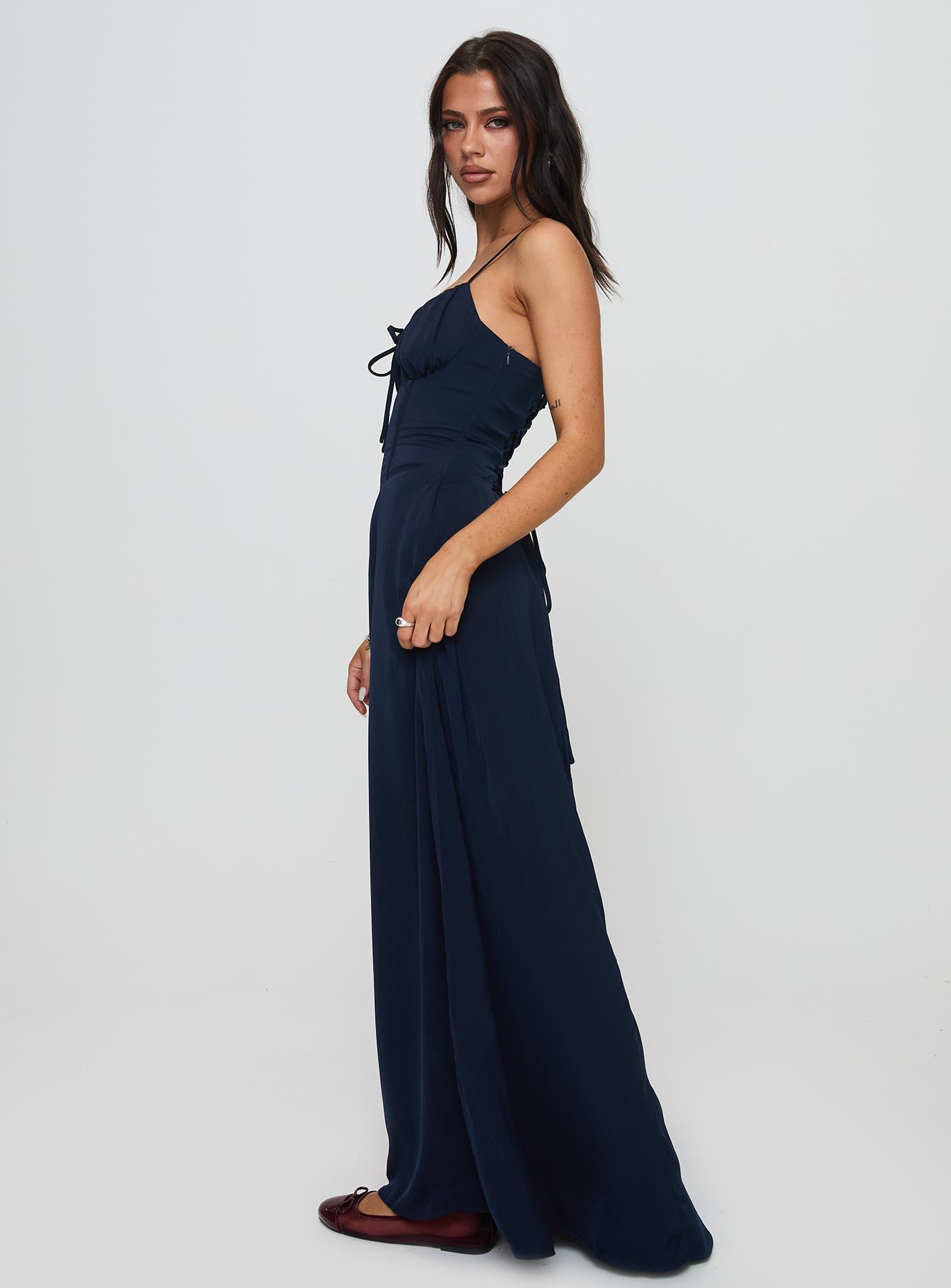 side view of model wearing Princess Polly Eleanora Maxi Dress Navy Sweetheart Neckline 