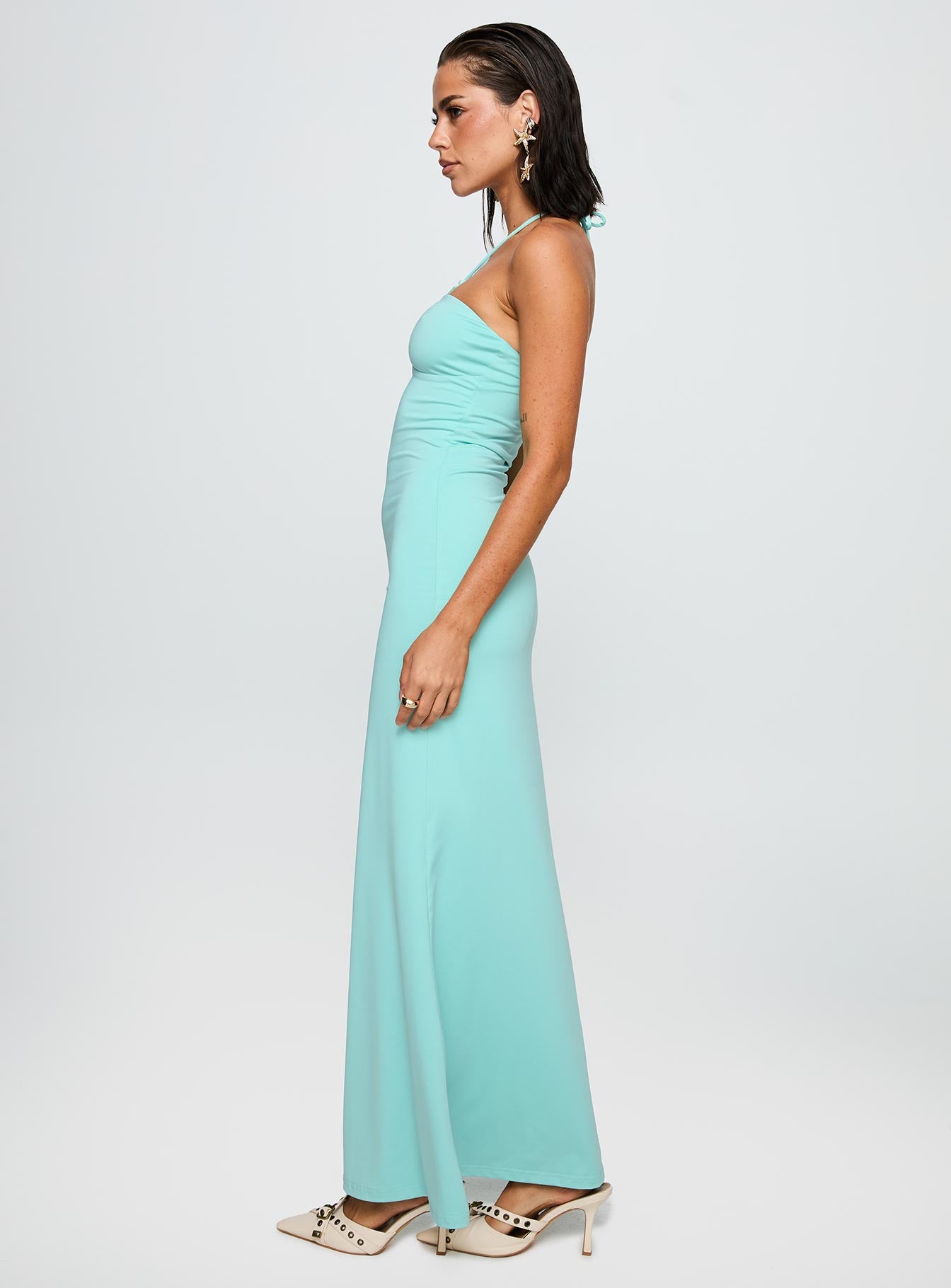 side view of model wearing Princess Polly A Vision Hardware Detail Maxi Dress Blue Straight Neck 