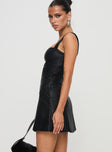 side view of model wearing Princess Polly Kameryn Mini Dress Black Square Neck 