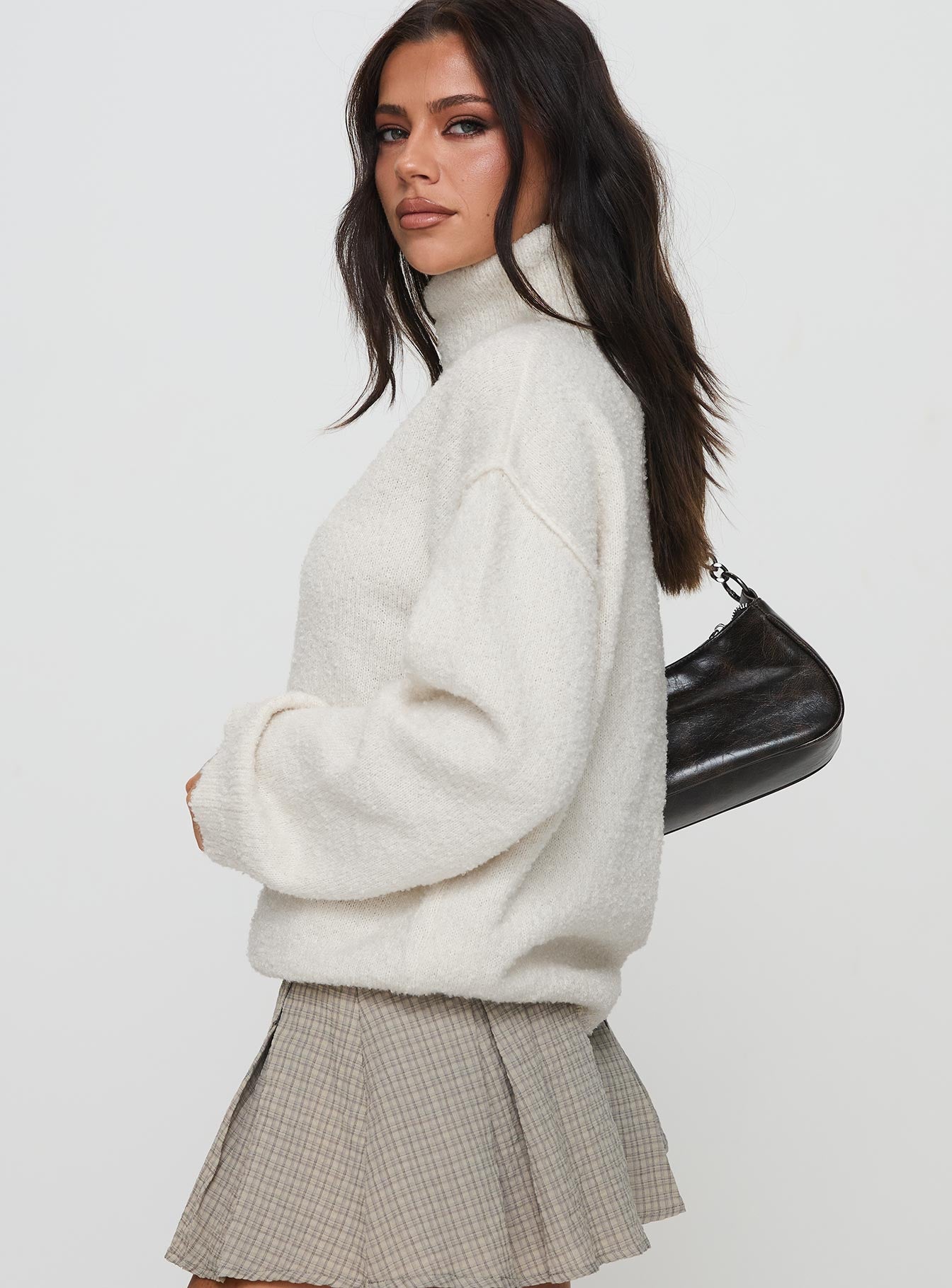 side view of model wearing Princess Polly Finnien Boucle Turtleneck Sweater Cream Long 