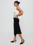   side view of model wearing Princess Polly Venissa Ruched Midi Skirt Black Midi Skirts 