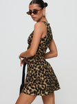 side view of model wearing Princess Polly Vivre Mini Dress Leopard Crew Neck 