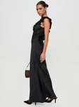 side view of model wearing Princess Polly Butacup Frill Maxi Dress Black V-Neck 