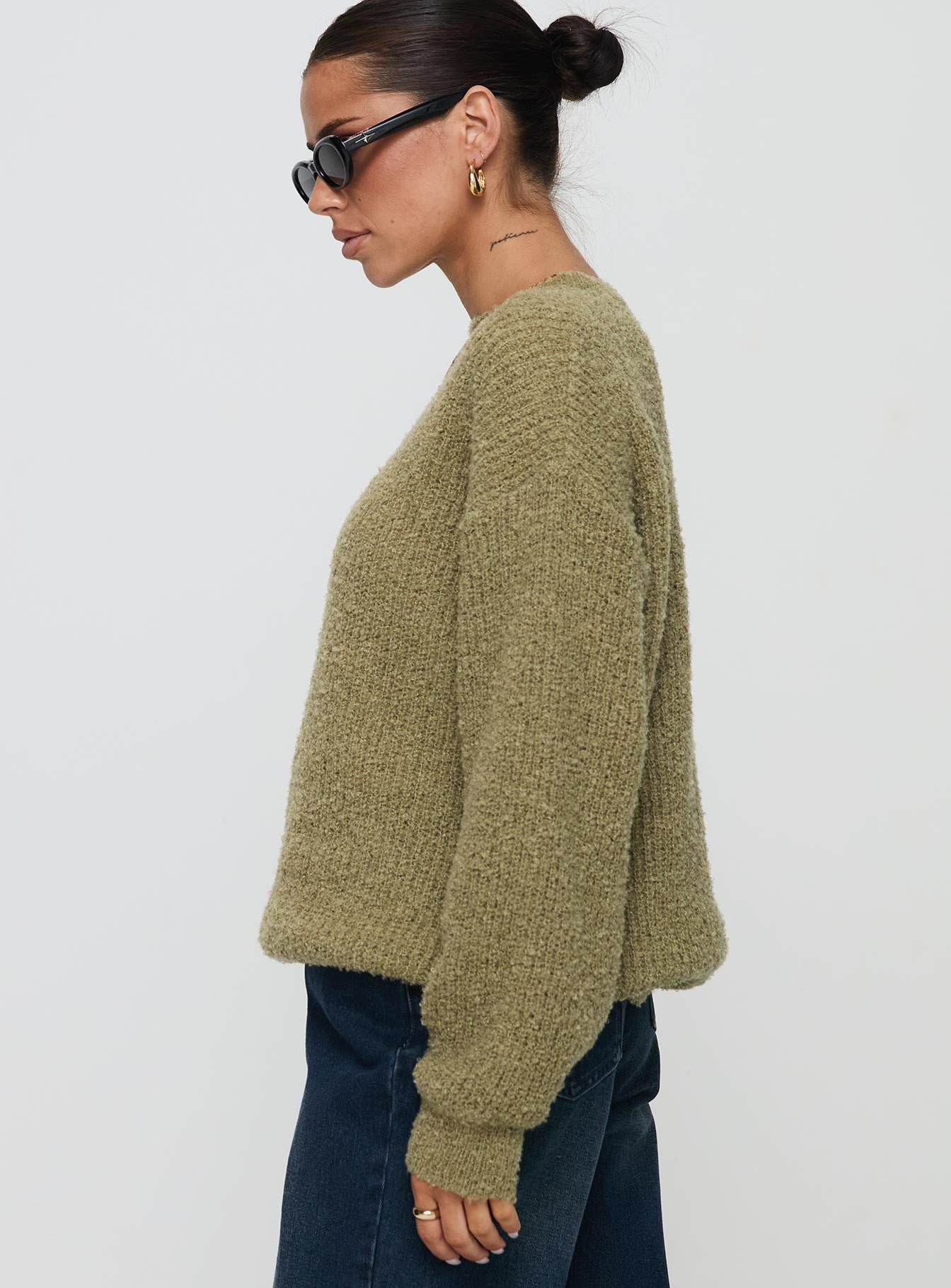 side view of model wearing Princess Polly South End Knit Sweater Khaki Long 