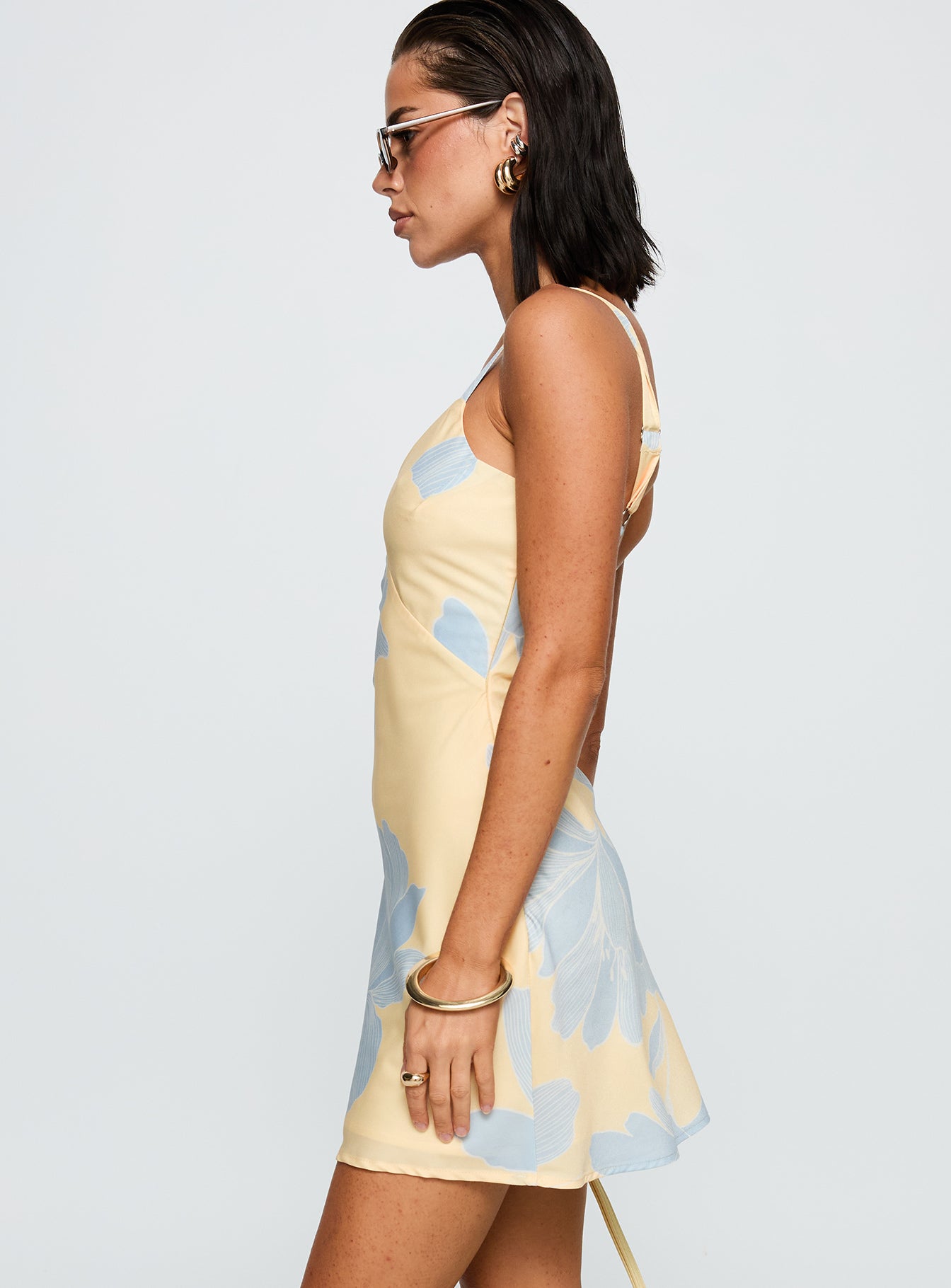 side view of model wearing Princess Polly Seaspray Mini Dress Multi V-Neck 