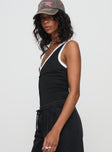 side view of model wearing Princess Polly Fiorah Bodysuit Black / White Sleeveless 