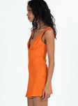 Orange mini dress Linen like material V neck Waist tie at back Invisible zip fastening at side Wide shoulder straps