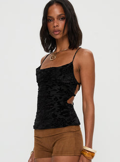 side view of model wearing Princess Polly Celena Halter Top Black Sleeveless Cowl 