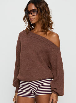 side view of model wearing Princess Polly Noble Off The Shoulder Sweater Chocolate 