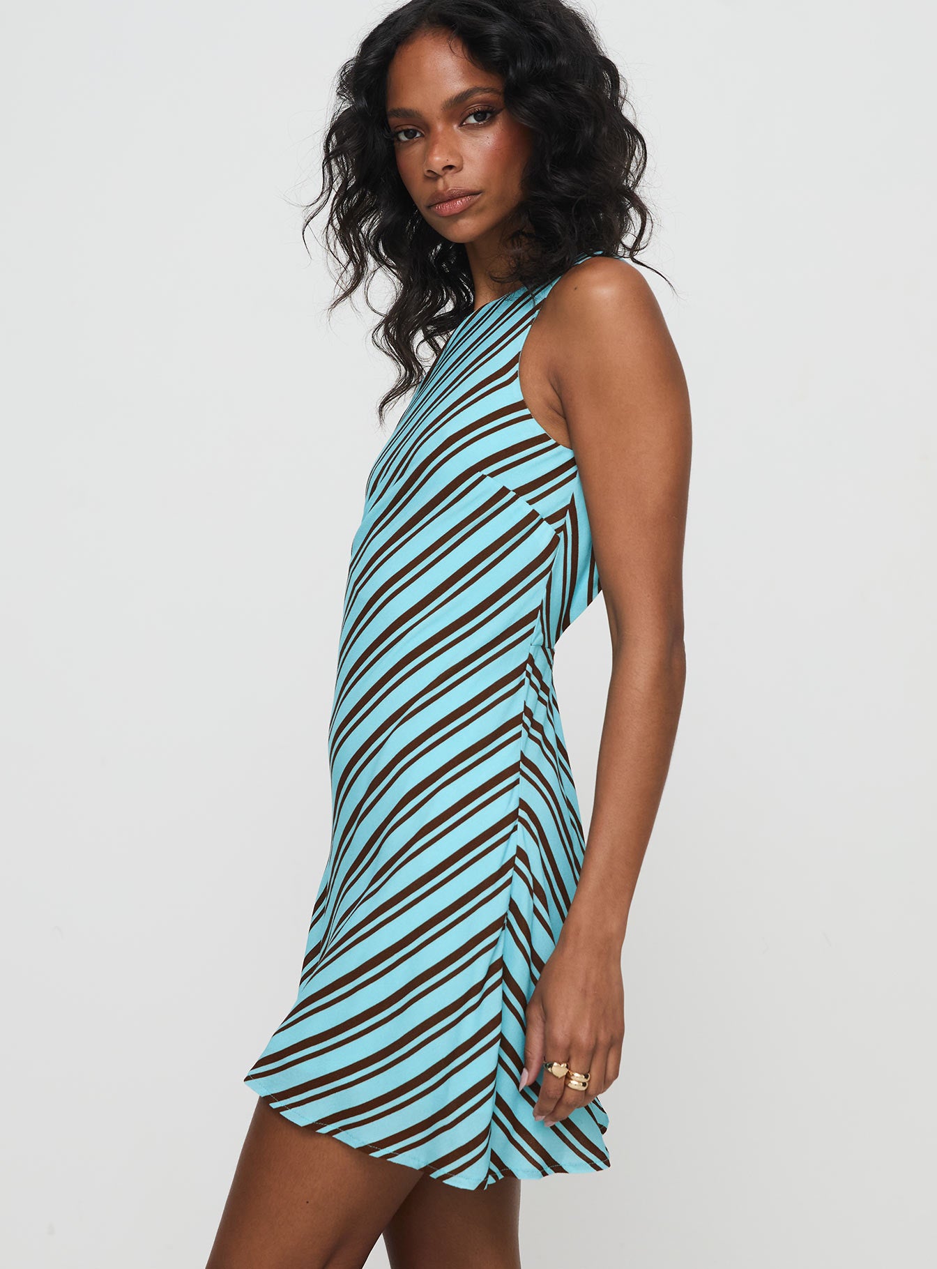 side view of model wearing Princess Polly Chasing Stars Mini Dress Multi Crew Neck 