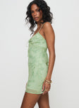 side view of model wearing Princess Polly Emilee Mini Dress Sage V-Neck 