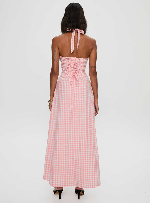 back view of model wearing Princess Polly Lucky For You Halter Maxi Dress Multi Sweetheart Neckline 