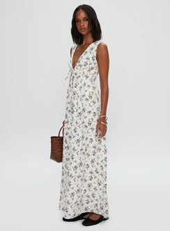 side view of model wearing Princess Polly Pokey Maxi Dress Floral Multi Plunger 