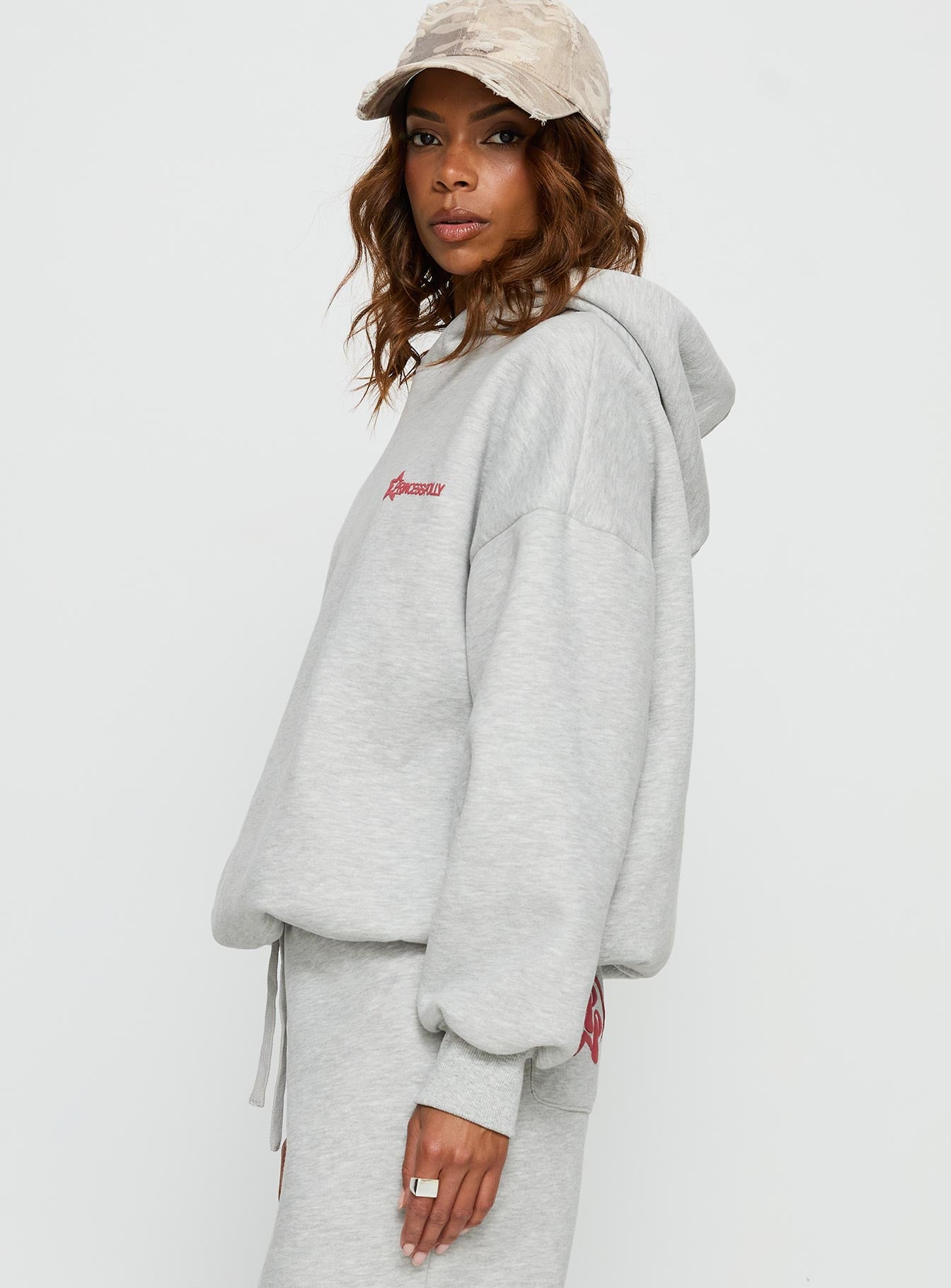side view of model wearing Princess Polly Princess Polly Stargirl Hoodie Grey Marle 