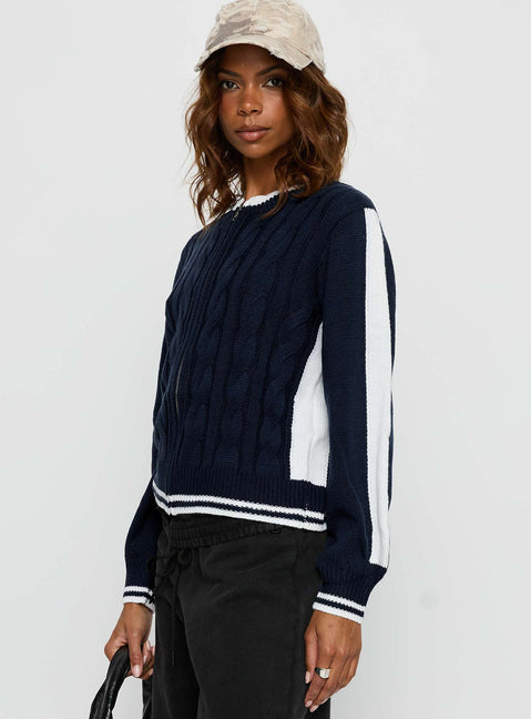 side view of model wearing Princess Polly Tevyn Cable Knit Zip Through Knit Sweater Blue / Cream Cropped Jumpers 