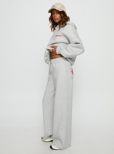 side view of model wearing Princess Polly Princess Polly Stargirl Wide Leg Sweat Pants Grey Marle High Rise Pants 