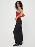 Denim maxi skirt, mid rise, black denim Belt looped waist, zip and button fastening, five pocket design, high slit at front Non-stretch, unlined 