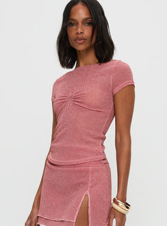 side view of model wearing Princess Polly Crystal Clear Mesh Top Pink Short Sleeves Crew Neck 