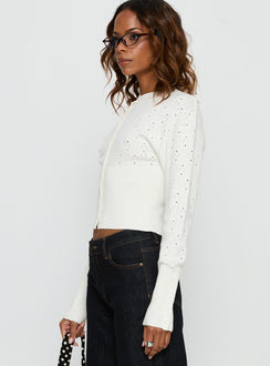 side view of model wearing Princess Polly Head In The Clouds Cardigan Cream cropped 