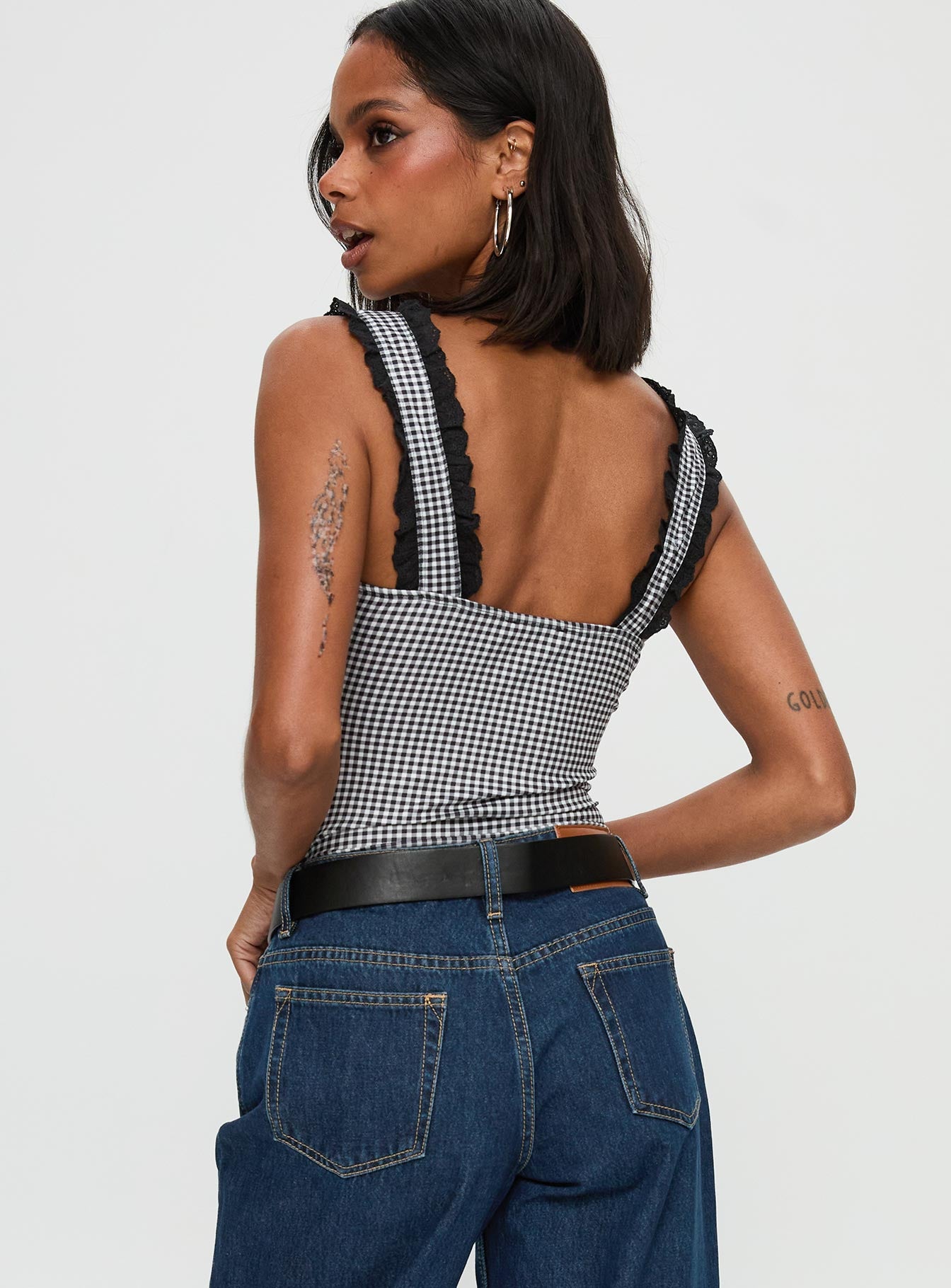 back view of model wearing Princess Polly Trustfund Lace Trim Bodysuit Black / White Check Sleeveless 