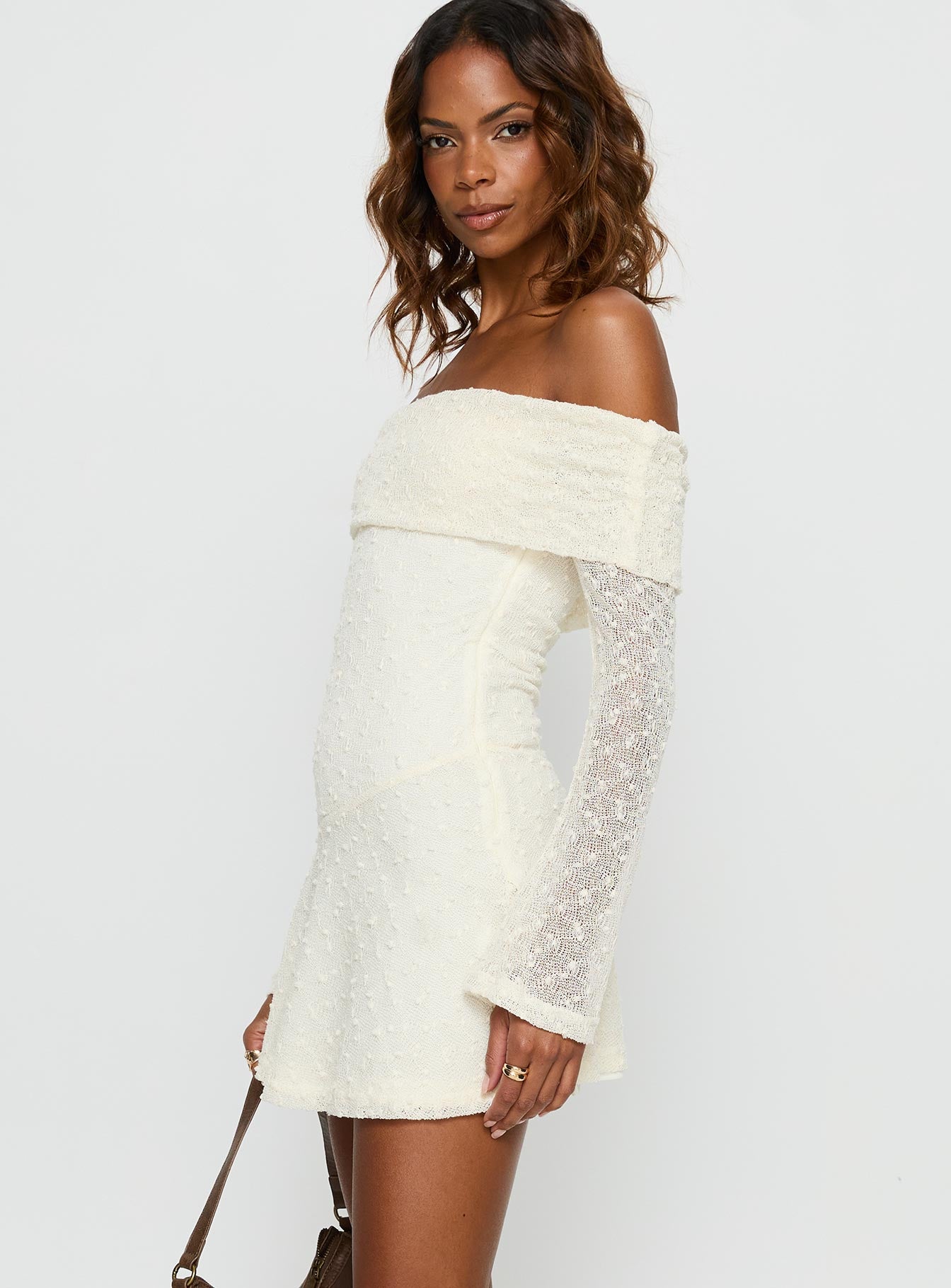 Ivee Off Shoulder Long Sleeve Mini Dress Cream | Princess Polly Ivee Off Shoulder Long Sleeve Mini Dress Cream | Princess Polly
