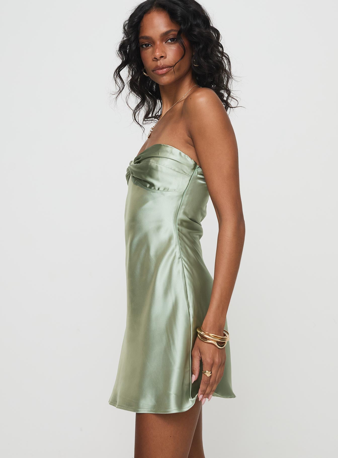 side view of model wearing Princess Polly Antinori Mini Dress Sage Sweetheart Neckline 