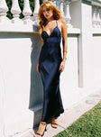 side view of model wearing Princess Polly Dolcini Halter Maxi Dress Navy Plunger 