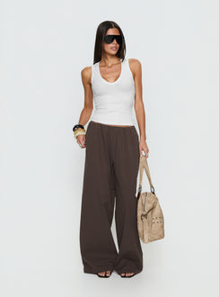 Crafted with Lunea Concealed Waistband Pants Brown Tall in womens regular pants with high-rise on-body view of model wearing Princess Polly
