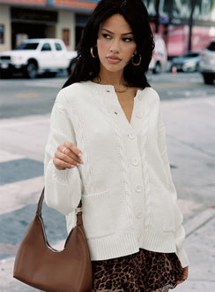 side view of model wearing Princess Polly Aldgate Knit Cardigan Ivory Long 