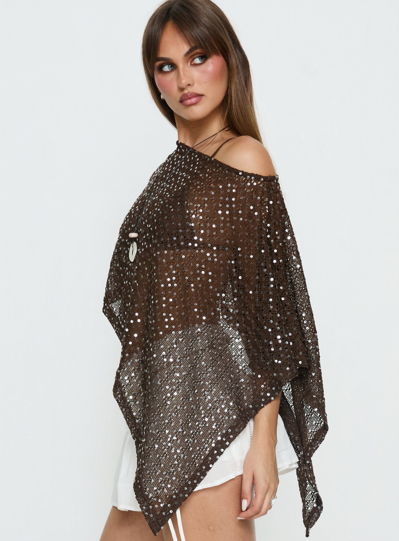 Grotto Asymmetrical Boat Neck Poncho Brown Sparkle