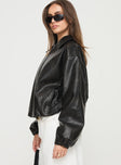 Faux leather bomber jacket Classic collar, drop shoulder, twin hip pockets, elasticated cuffs, drawstring toggle waist, zip fastening down front Non-stretch, fully lined 