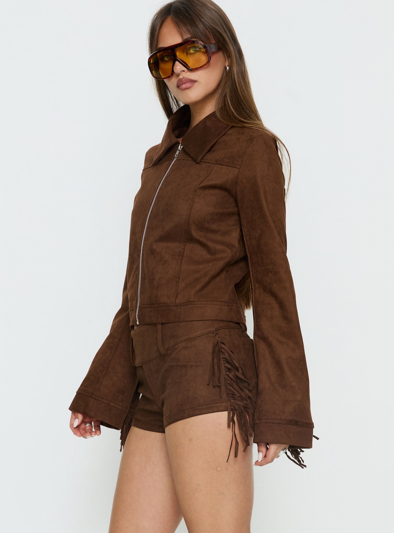 Dakohda Faux Suede Fringe Micro Short Chocolate Brown