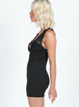 Slim fitting mini dress, plunging neckline, lace material Good stretch, partially lined