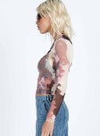 Graphic print long sleeve top Mesh material, high neckline