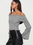 Off-the-shoulder top Sheer knit material, folded neckline, flared sleeves, inner silicone strip at bust