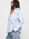 Blue and white Long sleeve striped shirt Classic collar, single chest pocket, curved hem, button fastening at front, single button cuff 