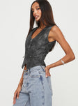 Faux leather vest top V neckline, zip fastening down front, twin faux pockets, pointed hem
