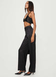 Black Matching satin set Crop top, shirred back, invisible zip fastening at side, fixed shoulder straps High-rise pants, elasticated waistband, wide leg, zip and button fastening