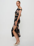 side view of model wearing Princess Polly Goldrush Maxi Dress Black Floral Asymmetric Neckline 