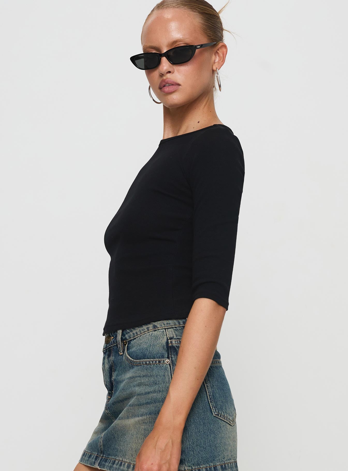 Elaia 3/4 Sleeve Top Black Three Fourth Sleeves Crew Neck 