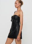 side view of model wearing Princess Polly Hotline Faux Leather Mini Dress Black Sweetheart Neckline 