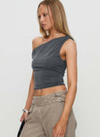 side view of model wearing Princess Polly Danette One Shoulder Top Slate Sleeveless Asymmetric Neckline 