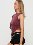 side view of model wearing Princess Polly Azera Cupro Top Burgundy Sleeveless Crew Neck 