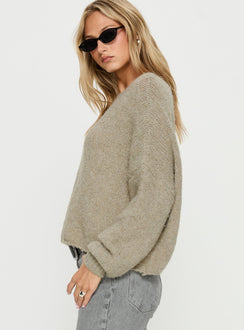 side view of model wearing Princess Polly Ramy Wide Neck Knit Sweater Olive Cropped Jumpers 