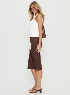 side view of model wearing Princess Polly Giorgie Belted Capri Pant Chocolate Brown High Rise Pants 